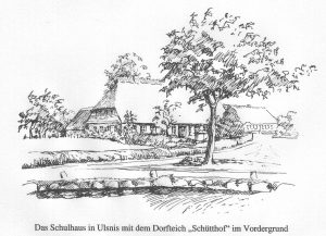 Alte Postkarte: Due Schule in Ulsnis mit dem Schütthof.