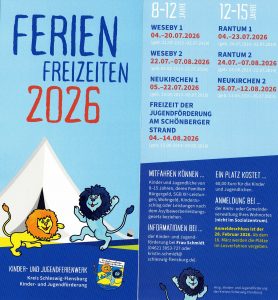 Sie sehen einen Flyer in der Farbe hellblau mit weißer Schrift, der die Ferienfreizeit 2026 bewirbt.