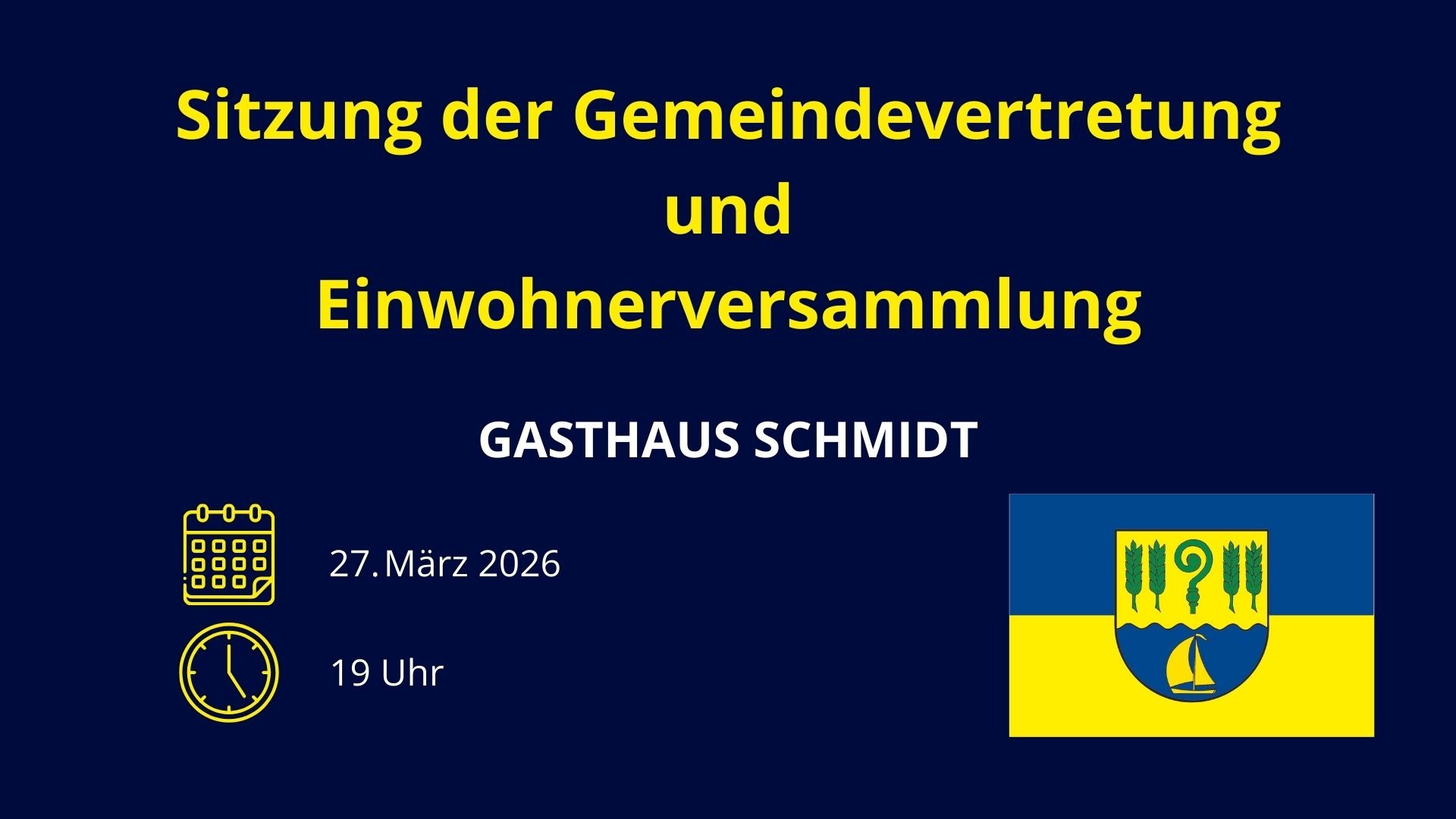 Flyer in den Farben blau und gelb zur Einwohnerversammlung