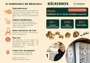 Sie sehen eine Anleitung zur Benutzung der Bäckerbox mit Text, Fotos und Piktogrammen.